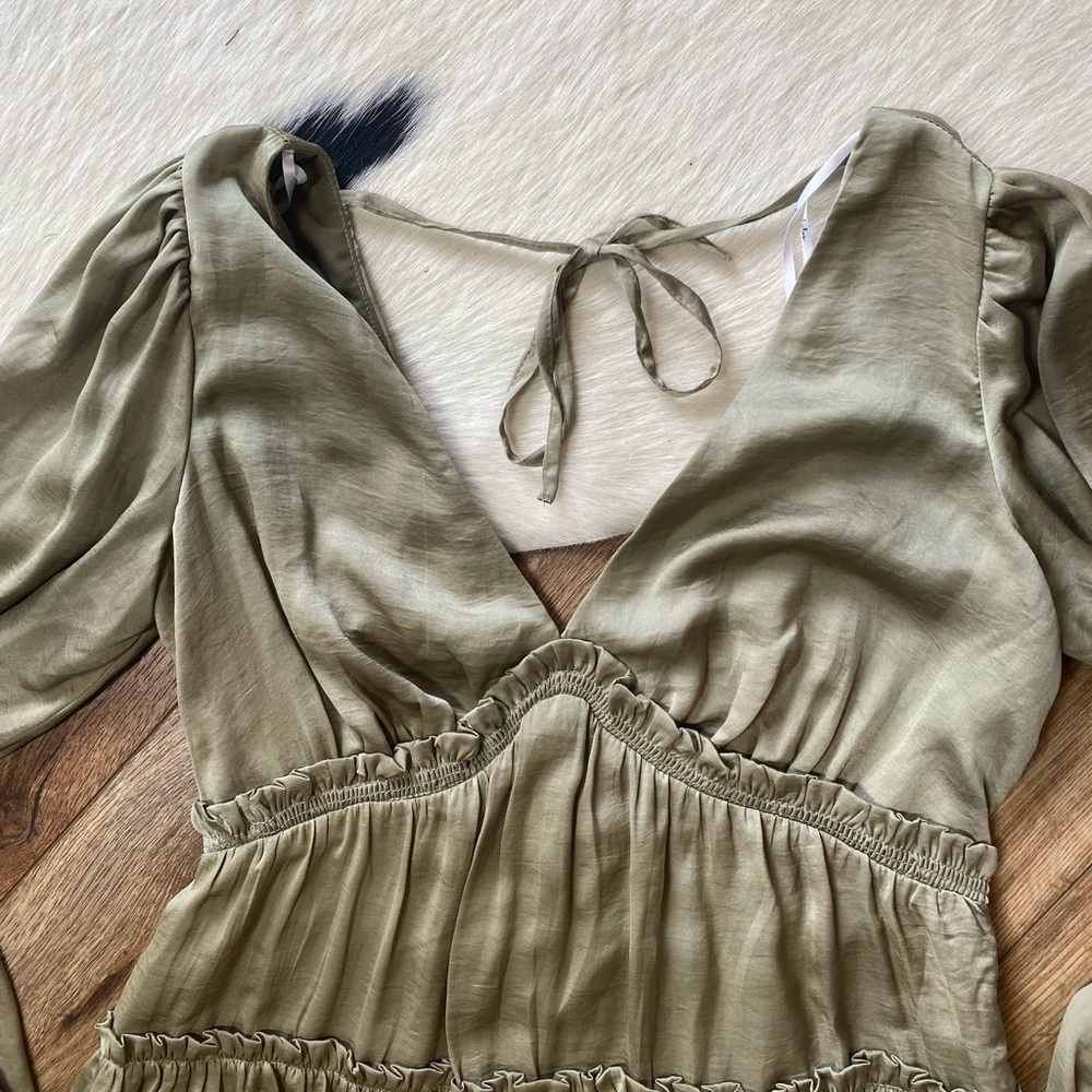 SOLD Lulus Moonstruck Olive Green Satin Tiered Long Sleeve Mini Dress - Picture 2 of 9